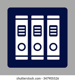 Office Books vector icon. Style is flat rounded square button, white and dark blue colors, silver background.