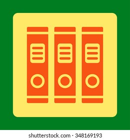 Office Books vector icon. Style is flat rounded square button, orange and yellow colors, green background.