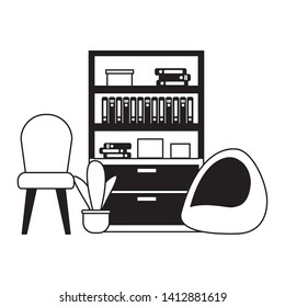 office bookshelf chairs furniture vector illustration design