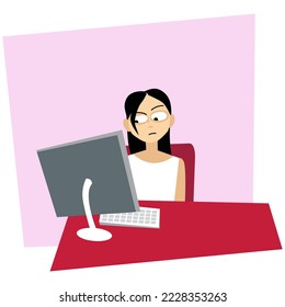 Office. Boring job. Tired woman looks at the monitor screen. Vector image for prints, poster and illustrations.