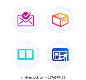 Office box, Book and Approved mail icons simple set. Button with halftone dots. Web report sign. Delivery box, E-learning course, Confirmed document. Graph chart. Business set. Vector