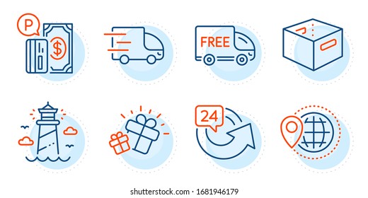 Office box, Lighthouse and 24 hours signs. Free delivery, Truck delivery and Gift line icons set. World travel, Parking payment symbols. Shopping truck, Express service. Transportation set. Vector