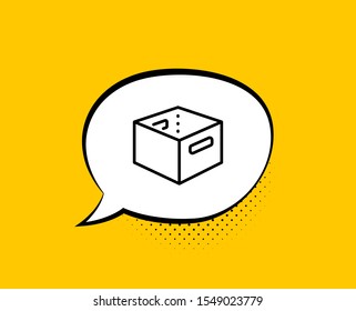 Office box line icon. Comic speech bubble. Delivery parcel sign. Cargo package symbol. Yellow background with chat bubble. Office box icon. Colorful banner. Vector