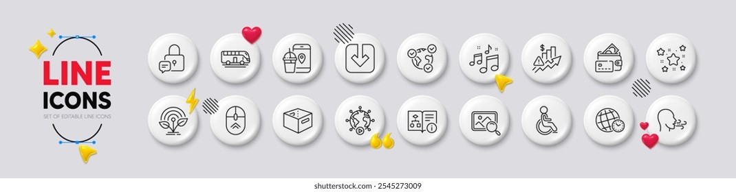 Cuadro de Office, Cargar documento e iconos de línea de ejercicio de respiración. Iconos 3d de Botones blancos. Pack de Precio de Rise, música, icono de votación en línea. Discapacidad, Estrellas, Pictograma del recorrido en autobús. Vector