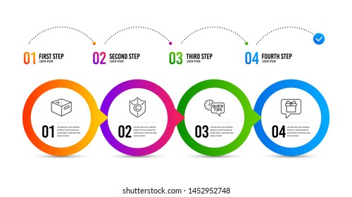 Office box, Quick tips and Copyright protection line icons set. Timeline infographic. Wish list sign. Delivery box, Helpful tricks, Shield. Business set. Office box icon. Timeline diagram. Vector
