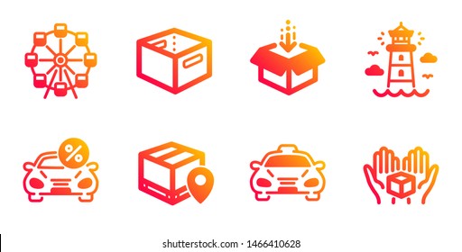 Office box, Taxi and Lighthouse line icons set. Get box, Car leasing and Parcel tracking signs. Ferris wheel symbol. Public transportation, Beacon tower. Transportation set. Vector