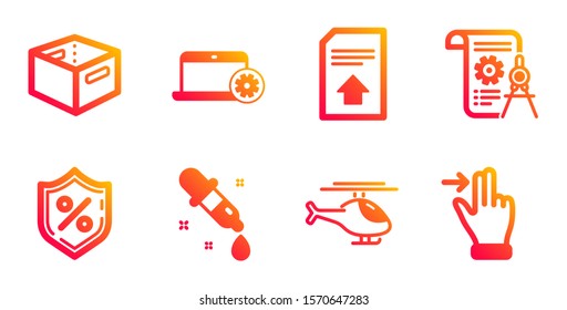 Office box, Upload file and Chemistry pipette line icons set. Helicopter, Notebook service and Loan percent signs. Divider document, Touchscreen gesture symbols. Delivery box, Load document. Vector