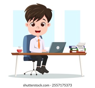 Office boy cartoon working on laptop