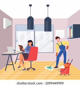 Office boy is cleaning the workspace, while other employees are working. Vector colorful illustrator. Office.