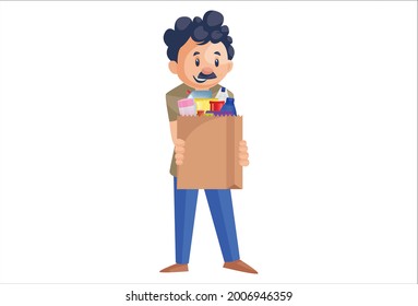 Office boy is holding bottles in hand. Vector graphic illustration. individually on a white background.