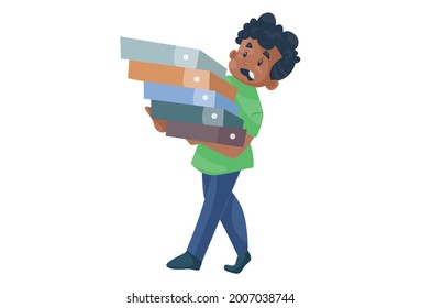 Office boy is holding files in his hands. Vector graphic illustration. Individually on a white background.