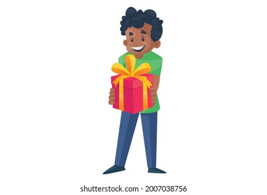 Un chico de oficina está sosteniendo una caja de regalo en sus manos. Ilustración gráfica vectorial. Individualmente sobre un fondo blanco.