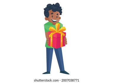 Office boy is holding a gift box in his hands. Vector graphic illustration. Individually on a white background.