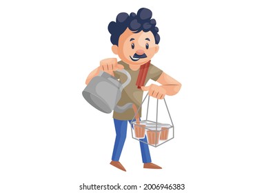 Office boy is holding kettle and giving tea in glass. Vector graphic illustration. Individually on a white background.