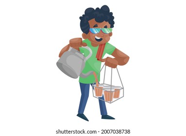 Office boy is holding kettle and giving tea in glass. Vector graphic illustration. Individually on a white background.