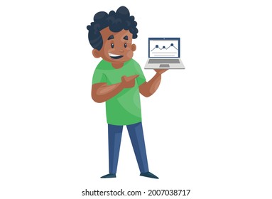 Office boy is holding a laptop in hand. Vector graphic illustration.  Individually on a white background.