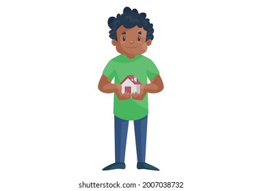 Office boy is holding a small home in hands. Vector graphic illustration. Individually on a white background.