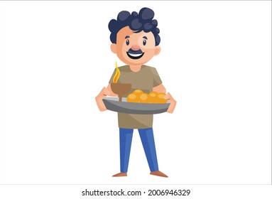Office boy is holding a sweet tray in his hands. Vector graphic illustration. Individually on a white background.