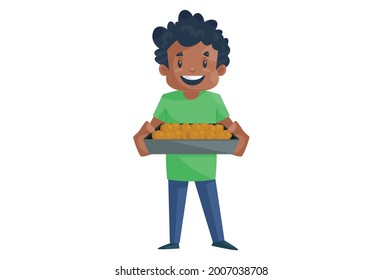 Office boy is holding a sweet tray in his hands. Vector graphic illustration. Individually on a white background.