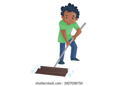 Office boy is holding the wiper and cleaning the floor. Vector graphic illustration. Individually on a white background.