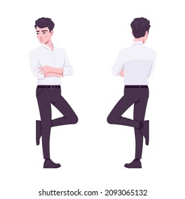 Office boy, modern confident man standing leaning. Handsome male assistant business manager formal clothes. Vector flat style cartoon illustration isolated, white background, front, rear view