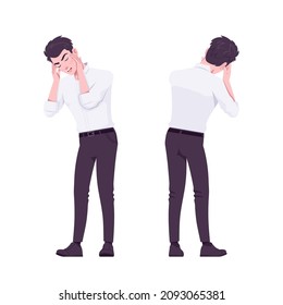 Office boy, modern confident man squeezing head with ache. Handsome male assistant business manager formal clothes. Vector flat style cartoon illustration isolated, white background, front, rear view