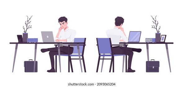 Office boy, modern man busy overworked at workplace. Handsome male assistant business manager in formal clothes. Vector flat style cartoon illustration isolated, white background, front, rear view