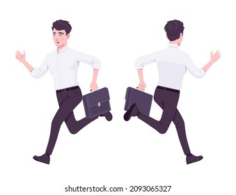 Office boy, modern man busy running fast with case. Handsome male assistant business manager in formal clothes. Vector flat style cartoon illustration isolated, white background, front and rear view