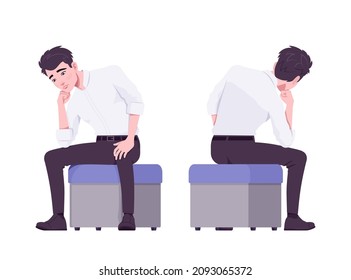 Office boy, modern man sitting troubled on ottoman. Handsome male assistant business manager in formal clothes. Vector flat style cartoon illustration isolated on white background, front, rear view