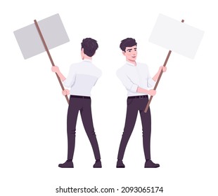 Office boy, modern man standing with empty board. Handsome male assistant business manager in formal clothes. Vector flat style cartoon illustration isolated on white background, front and rear view