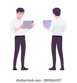 Office boy, modern man standing with horizontal tablet. Handsome male assistant business manager in formal clothes. Vector flat style cartoon illustration isolated, white background, front, rear view