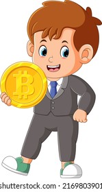 El chico de la oficina está posando con el gran bitcoin muy bien de la ilustración