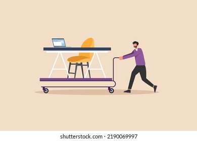 Office boy pushing trolley in office. Cleaning service concept. Colored flat graphic vector illustration isolated.