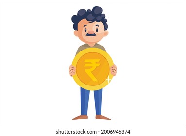 Office boy is showing gold coin. Vector graphic illustration. Individually on white background.