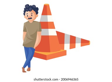Office boy is standing with a barrier. Vector graphic illustration. individually on a white background.