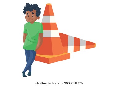 El muchacho de la oficina está parado con una barrera. Ilustración gráfica vectorial. individualmente sobre un fondo blanco.