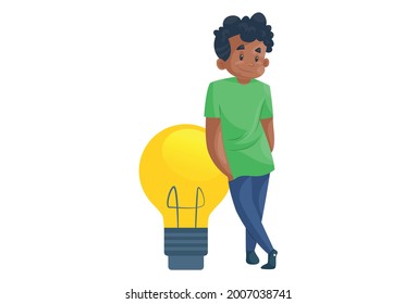 Office boy is standing with bulb. Vector graphic illustration. Individually on a white background.