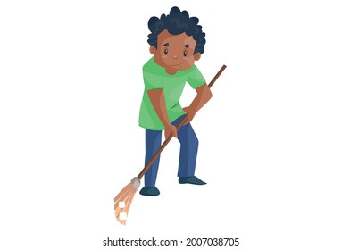 Office boy is sweeping floor with a broom. Vector graphic illustration. Individually on a white background.