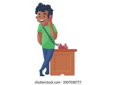 Office boy is talking on the telephone. Vector graphic illustration. Individually on a white background.