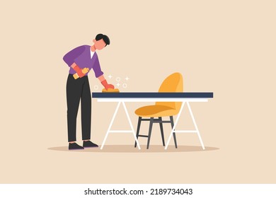 Office boy wiping table in office. Cleaning service concept. Colored flat graphic vector illustration isolated.