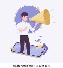 Office boy, young business assistant, businessman loud phone talk. Smart male social media profile picture, business portrait. Vector flat style creative illustration, abstract art background
