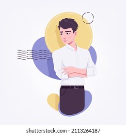 Office boy, young business assistant, confident, serious businessman. Smart male social media profile picture, business portrait. Vector flat style creative illustration, abstract art background