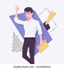 Office boy, young business assistant, businessman hand waving. Smart male social media profile picture, business portrait. Vector flat style creative illustration, abstract art background