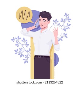 Office boy, young business assistant, businessman phone talk. Smart male social media profile picture, business portrait. Vector flat style creative illustration, abstract art background