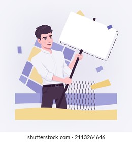 Office Boy, Young Business Assistant, Businessman With Empty White Banner. Smart Male Social Media Profile Picture, Business Portrait. Vector Flat Style Creative Illustration, Abstract Art Background