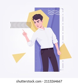 Office boy, young business assistant, businessman speaking seriously. Smart male social media profile picture, business portrait. Vector flat style creative illustration, abstract art background