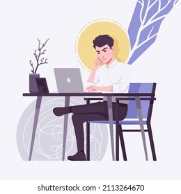 Office boy, young business assistant, businessman busy at desk. Smart male social media profile picture, business portrait. Vector flat style creative illustration, abstract art background