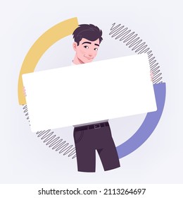 Office Boy, Young Business Assistant, Businessman With Empty White Board. Smart Male Social Media Profile Picture, Business Portrait. Vector Flat Style Creative Illustration, Abstract Art Background