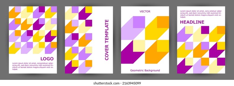 Office brand book cover page mokup collection A4 design. Bauhaus style modern voucher mockup collection vector. Mosaic geometric shapes structure vertical cover design