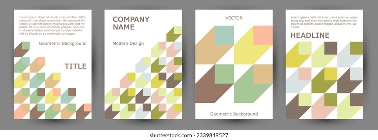 Office brand book cover page mokup collection A4 design. Memphis style trendy folder layout collection vector. Tile geometric shapes backdrop vertical card design